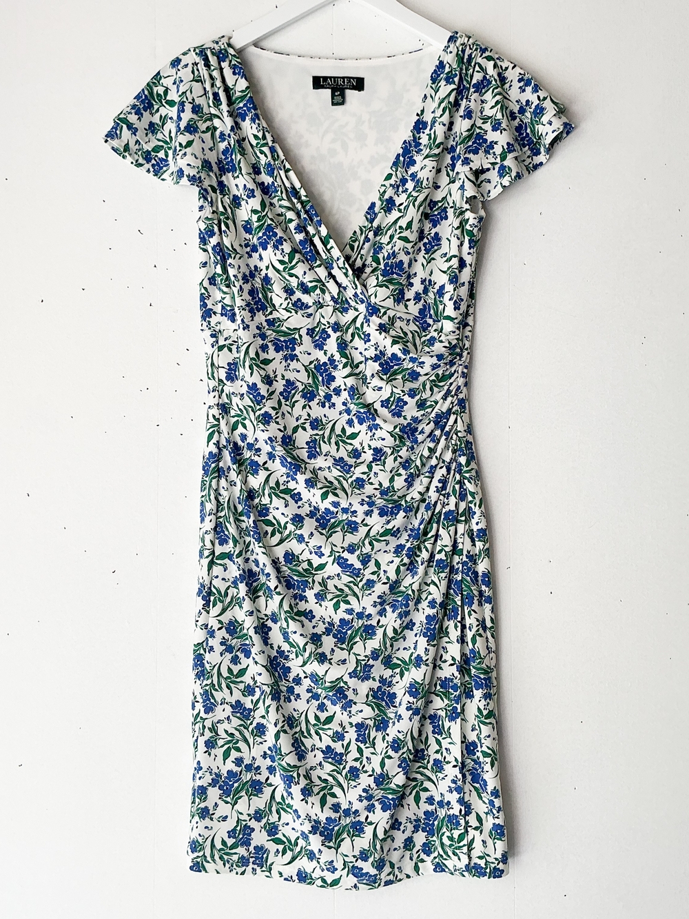Lauren Ralph Lauren Blue Floral Ruched Wrap Midi Dress Cottagecore Size 6P